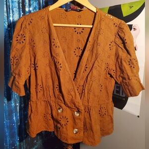 Brown Zara boho crop button top with cutouts detail size Large